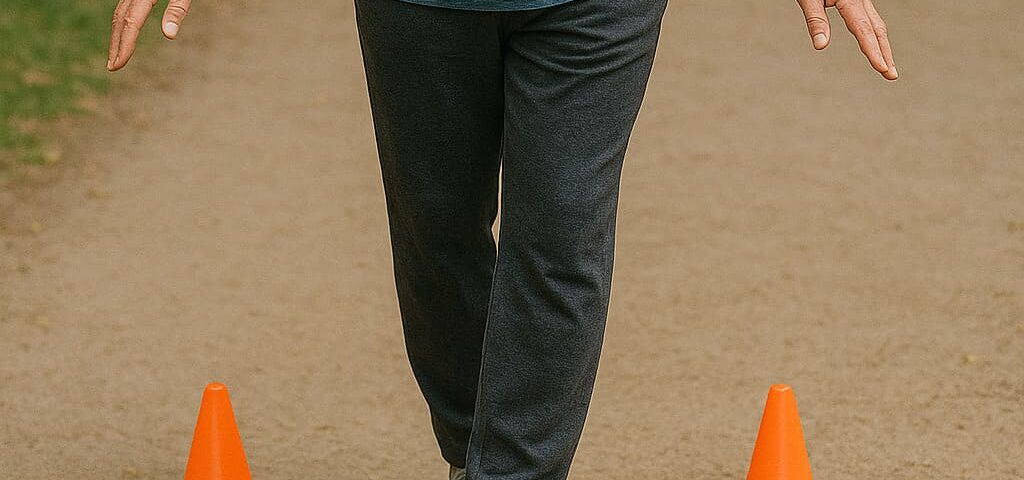 Homem idoso executa exercício de equilíbrio