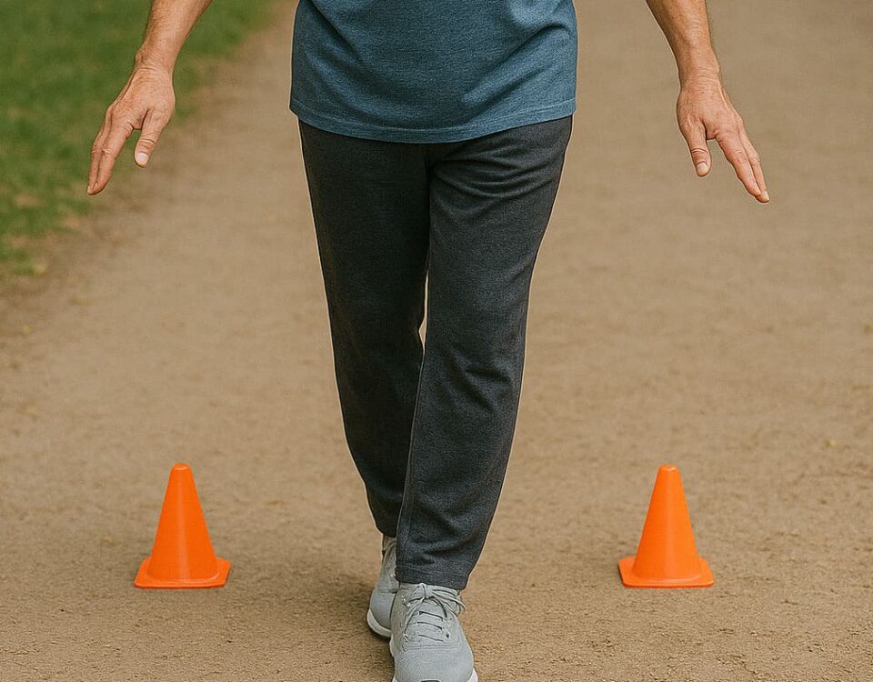Homem idoso executa exercício de equilíbrio